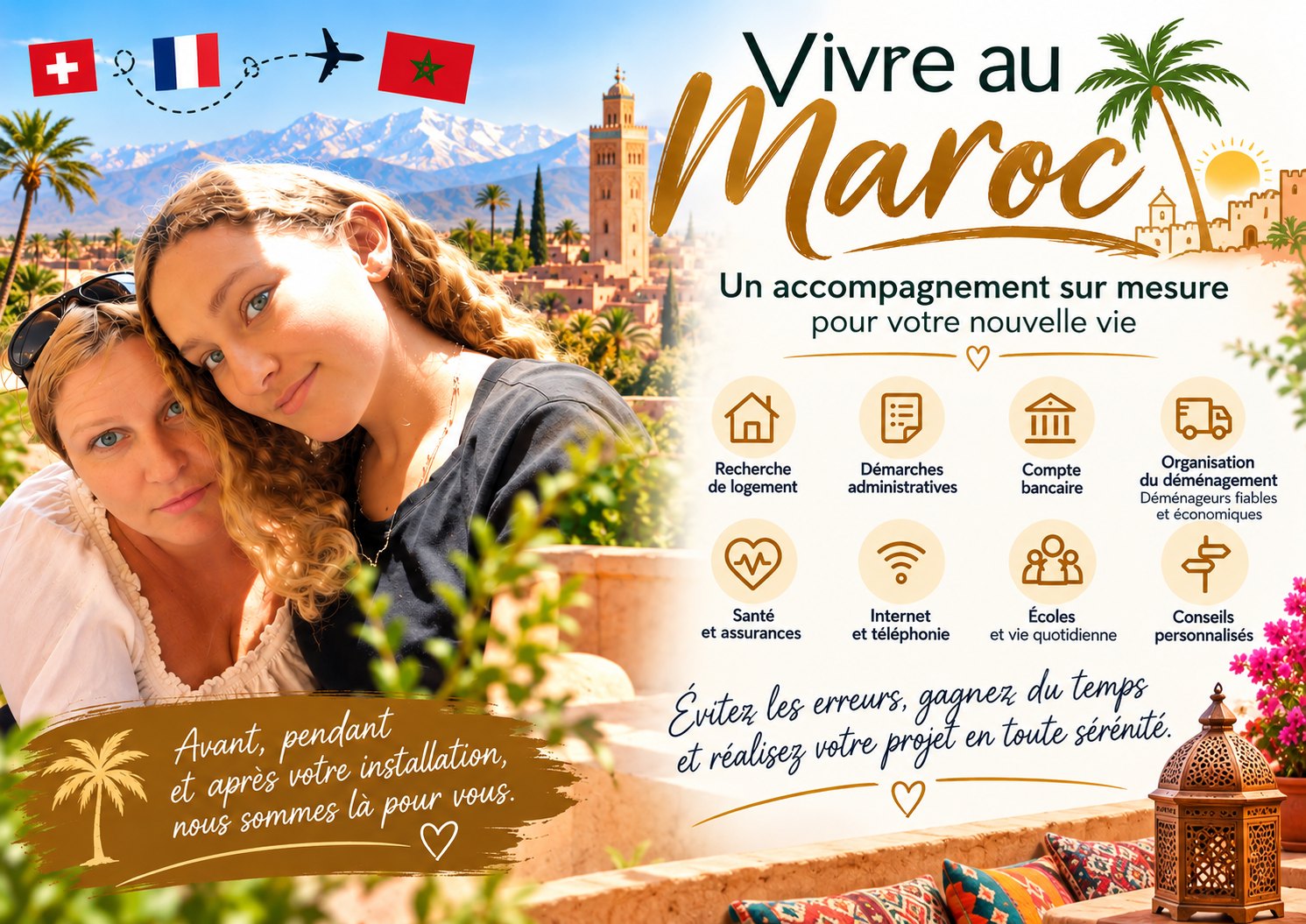 Vivre au Maroc : un accompagnement sur mesure pour votre nouvelle vie — recherche de logement, démarches administratives, compte bancaire, organisation du déménagement, santé et assurances, internet et téléphonie, écoles et vie quotidienne, conseils personnalisés.